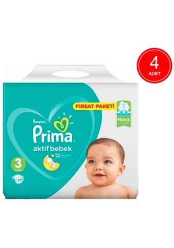 Prima Aktif Bebek 3 Numara Cırtlı Bebek Bezi 4x27 Adet