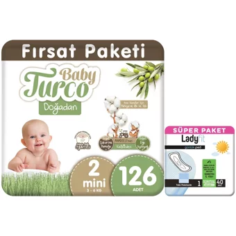 Baby Turco Doğadan Mini 2 Numara Cırtlı Bebek Bezi 126 Adet + Günlük Ped Normal 40 Adet