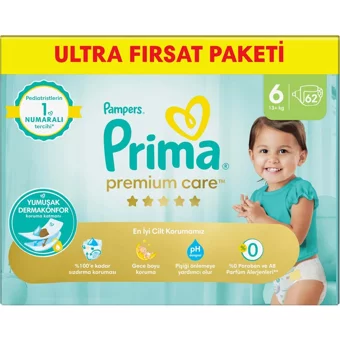Prima Premium Care 6 Numara Cırtlı Bebek Bezi 62 Adet