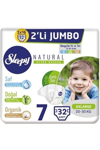 Sleepy XXL Jumbo 7 Numara Organik Cırtlı Bebek Bezi 32 Adet