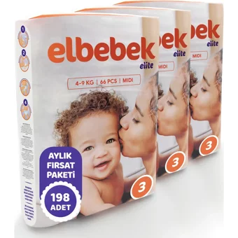 Elbebek Elite Midi 3 Numara Cırtlı Bebek Bezi 198 Adet