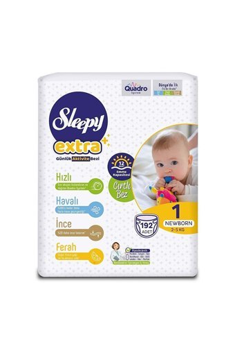 Sleepy Extra Yenidoğan 1 Numara Organik Cırtlı Bebek Bezi 192 Adet