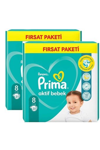 Prima Aktif Bebek 8 Numara Cırtlı Bebek Bezi 2x31 Adet