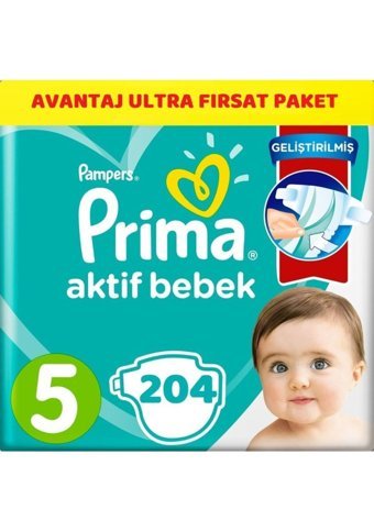 Prima Aktif Bebek 5 Numara Cırtlı Bebek Bezi 204 Adet