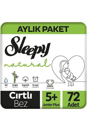 Sleepy Junior Plus Aylık Paket 5 + Numara Organik Cırtlı Bebek Bezi 72 Adet