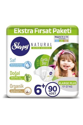 Sleepy Natural XLarge Plus 6 Numara Organik Cırtlı Bebek Bezi 90 Adet