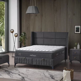 Armis Carbon 180 x 200 cm Yataklı Başlıklı Çift Kişilik Sandıklı Baza Seti Siyah