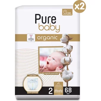 Pure Baby Pamuklu 2 Numara Organik Cırtlı Bebek Bezi 136 Adet