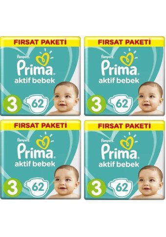 Prima Aktif Bebek Midi 3 Numara Cırtlı Bebek Bezi 4x62 Adet