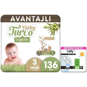 Baby Turco Doğadan Midi 3 Numara Cırtlı Bebek Bezi 136 Adet + ünlük Ped Normal 40 Adet