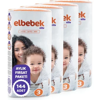 Elbebek Elite Midi 3 Numara Cırtlı Bebek Bezi 144 Adet