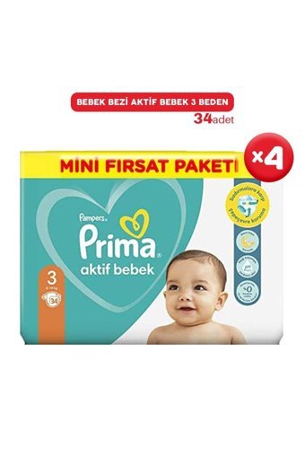 Prima Aktif Bebek 3 Numara Cırtlı Bebek Bezi 4x34 Adet