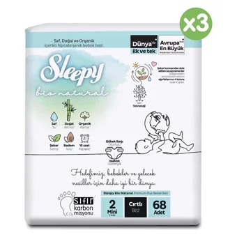 Sleepy Bio Natural 2 Numara Organik Cırtlı Bebek Bezi 204 Adet
