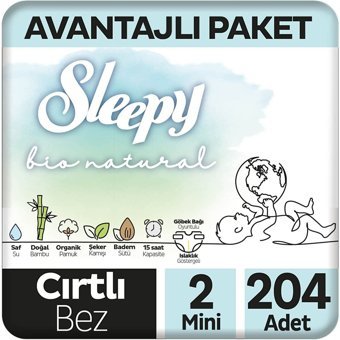 Sleepy Bio Natural 2 Numara Organik Cırtlı Bebek Bezi 204 Adet