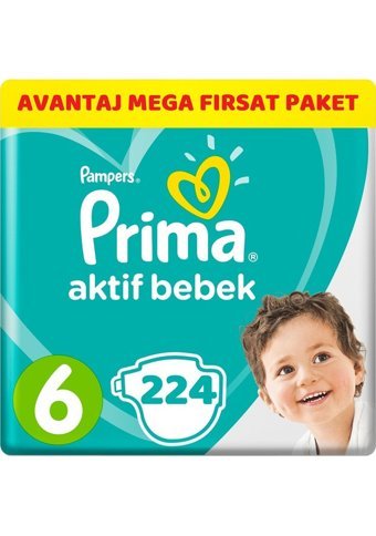 Prima Aktif Bebek Extra Large 6 Numara Cırtlı Bebek Bezi 224 Adet