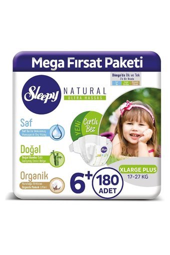 Sleepy Natural Ultra Hassas 6 + Numara Organik Cırtlı Bebek Bezi 2x90 Adet