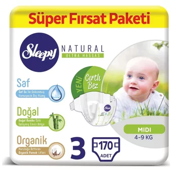 Sleepy Natural Ultra Hassas Midi 3 Numara Organik Cırtlı Bebek Bezi 170 Adet