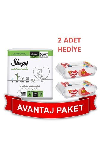 Sleepy Natural Avantaj Paket 6 Numara Organik Cırtlı Bebek Bezi 17 Adet + 2 Adet Islak Havlu 90 Lı