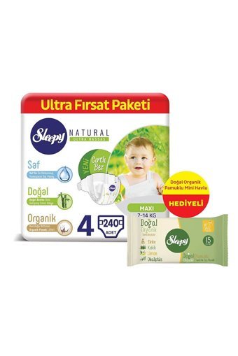 Sleepy Natural Ultra Hassas 4 Numara Organik Cırtlı Bebek Bezi 240 Adet + Islak Havlu Hediyeli