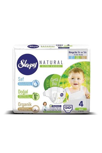 Sleepy Natural Ultra Hassas 4 Numara Organik Cırtlı Bebek Bezi 240 Adet + Islak Havlu Hediyeli