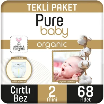 Pure Baby Pamuklu 2 Numara Organik Cırtlı Bebek Bezi 68 Adet