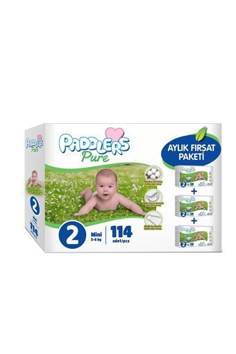 Paddlers Pure 2 Numara Organik Cırtlı Bebek Bezi 114 Adet