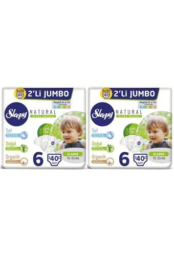 Sleepy Natural Jumbo 6 Numara Organik Cırtlı Bebek Bezi 2x40 Adet