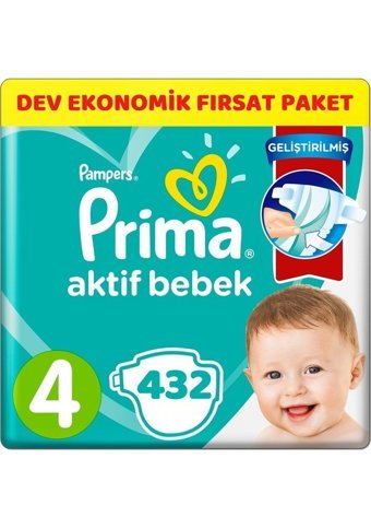 Prima Aktif Bebek Maxi 4 Numara Cırtlı Bebek Bezi 432 Adet