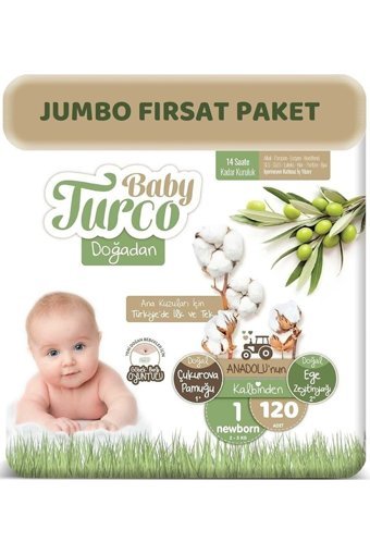 Baby Turco Doğadan Jumbo Yenidoğan 1 Numara Göbek Oyuntulu Bantlı Bebek Bezi 120 Adet