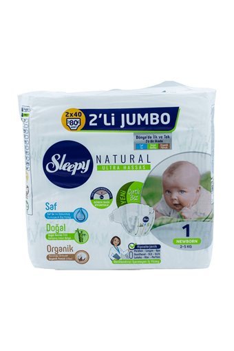 Sleepy Natural Ultra Hassas 1 Numara Organik Cırtlı Bebek Bezi 80 Adet
