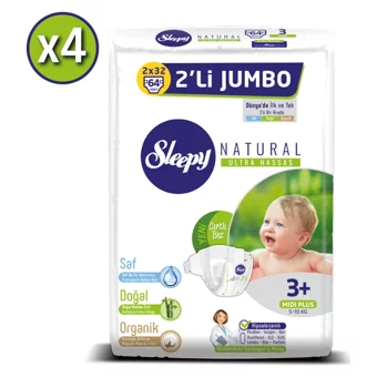 Sleepy Natural Ultra Hassas Midi Plus 3 + Numara Organik Cırtlı Bebek Bezi 4x64 Adet