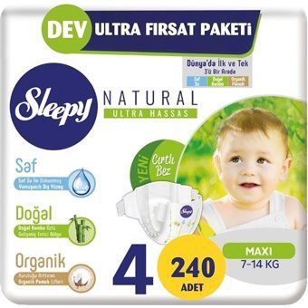 Sleepy Natural Ultra Hassas 4 Numara Organik Cırtlı Bebek Bezi 4x60 Adet