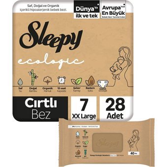 Sleepy 7 Numara Organik Cırtlı Bebek Bezi 28 Adet + Yenidoğan Islak Bebek Bakım Havlusu