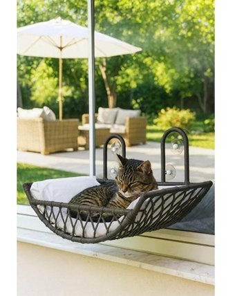 Reyo Kedi ve Köpek El Örgüsü Vantuzlu Cam Yatağı Kedi Hamağı Puf Minderli Antrasit