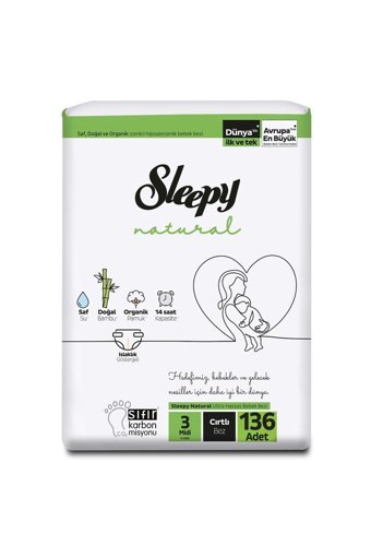 Sleepy Midi 3 Numara Organik Cırtlı Bebek Bezi 136 Adet