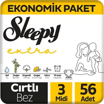 Sleepy Extra Günlük Aktivite 3 Numara Organik Cırtlı Bebek Bezi 56 Adet