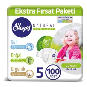 Sleepy Natural Ultra Hassas Junior 5 Numara Organik Cırtlı Bebek Bezi 100 Adet