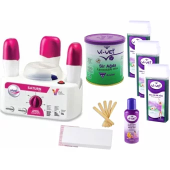 Vivol Satürn 3+1 Ağda Makinesi + Vivet Azulen Konserve Ağda 800 ml + 3xVivet Kartuş Ağda 100 ml + Vivet Ağda Yağı 125 ml + 10 Metre Ağda Bezi + 5xSpatula