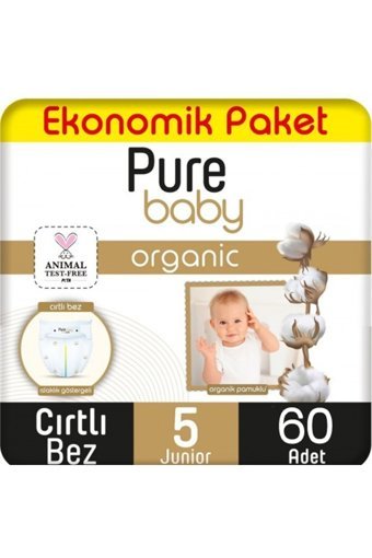 Pure Baby Ekonomik Paket 5 Numara Organik Cırtlı Bebek Bezi 60 Adet