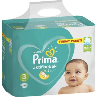 Prima Aktif Bebek Midi 3 Numara Cırtlı Bebek Bezi 78 Adet