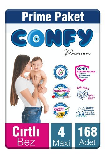 Confy Premium Maxi 4 Numara Göbek Oyuntulu Cırtlı Bebek Bezi 168 Adet