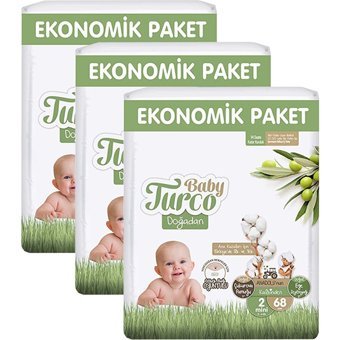 Baby Turco Doğadan 2 Numara Göbek Oyuntulu Bantlı Bebek Bezi 3x68 Adet