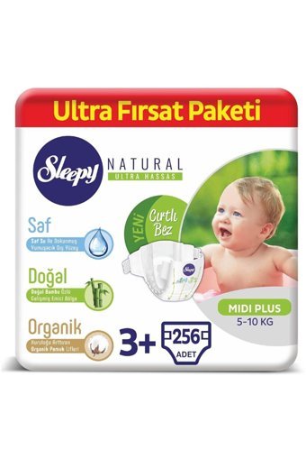 Sleepy Natural Midi Plus 3 + Numara Organik Cırtlı Bebek Bezi 256 Adet