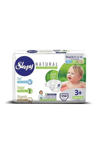 Sleepy Natural Midi Plus 3 + Numara Organik Cırtlı Bebek Bezi 256 Adet