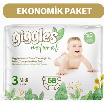 Giggles Natural Midi 3 Numara Organik Cırtlı Bebek Bezi 68 Adet