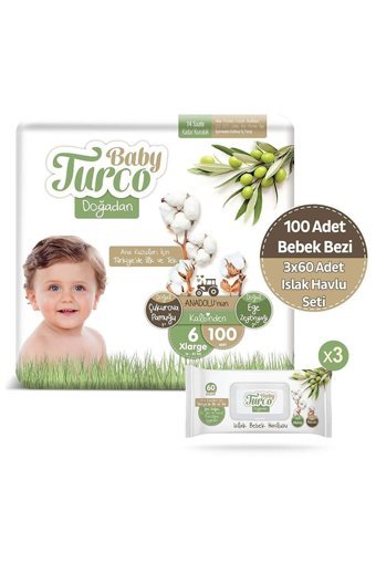 Baby Turco Doğadan 6 Numara Bantlı Bebek Bezi 100 Adet + Doğadan Islak Havlu Seti 3x60