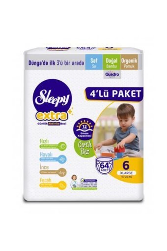 Sleepy Extra Günlük Aktivite 6 Numara Organik Cırtlı Bebek Bezi 64 Adet
