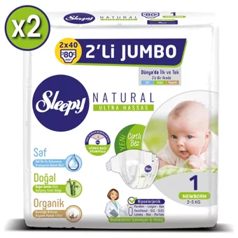 Sleepy Natural Ultra Hassas 1 Numara Organik Cırtlı Bebek Bezi 2x80 Adet