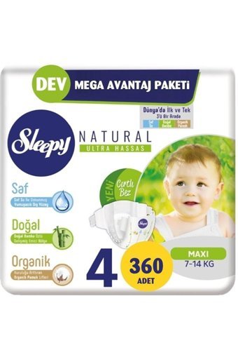 Sleepy Natural Ultra Hassas 4 Numara Organik Cırtlı Bebek Bezi 360 Adet