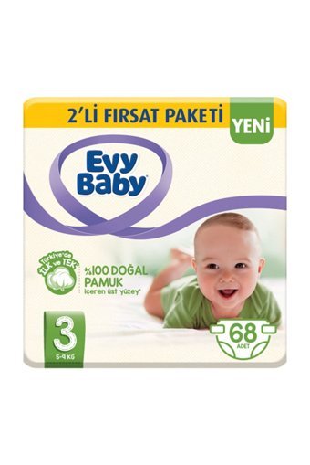 Evy Baby 2'li Fırsat Paketi 3 Numara Cırtlı Bebek Bezi 68 Adet + 40 Yaprak Islak Mendil
